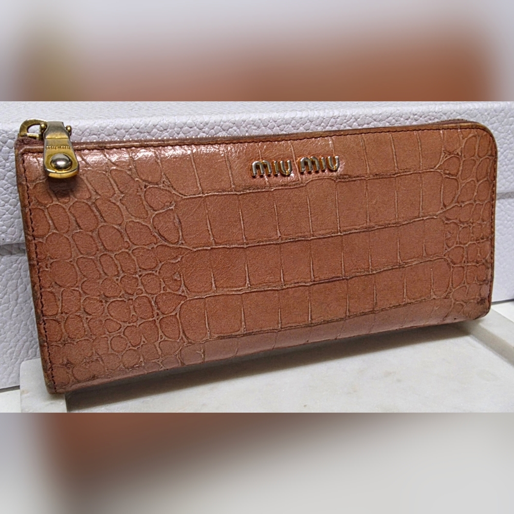 MIU MIU Croc Embossed Glossy Leather Zip Around Wallet